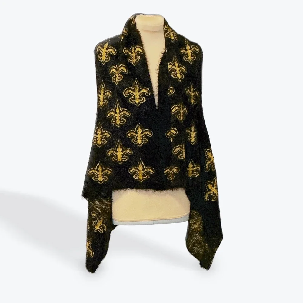 Black Gold Fleur de Lis‎ Fuzzy Knit Vest Women One Size